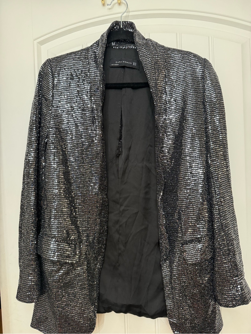 Zara Silver Sequin Open-Front Blazer